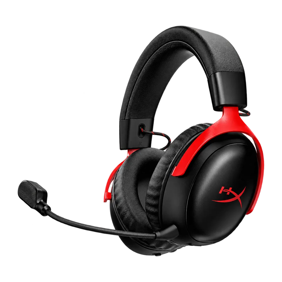 Black and red HyperX Cloud III S headset with complete attached boom microphone.