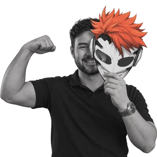 Kimmy holding his orange-haired character mask