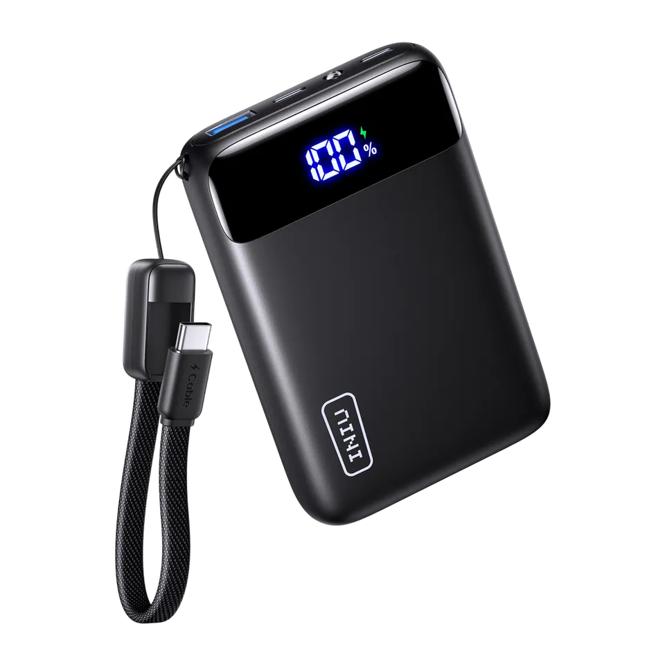 Black INIU 20000mAh power bank with digital battery indicator and attached USB-C lead.