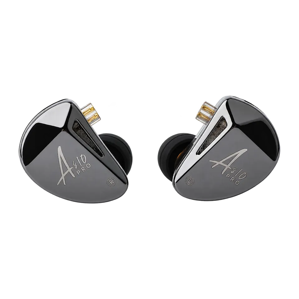 KZ AS10 Pro earpiece pair with black and silver faceplates and original gold two-pin connector sockets.