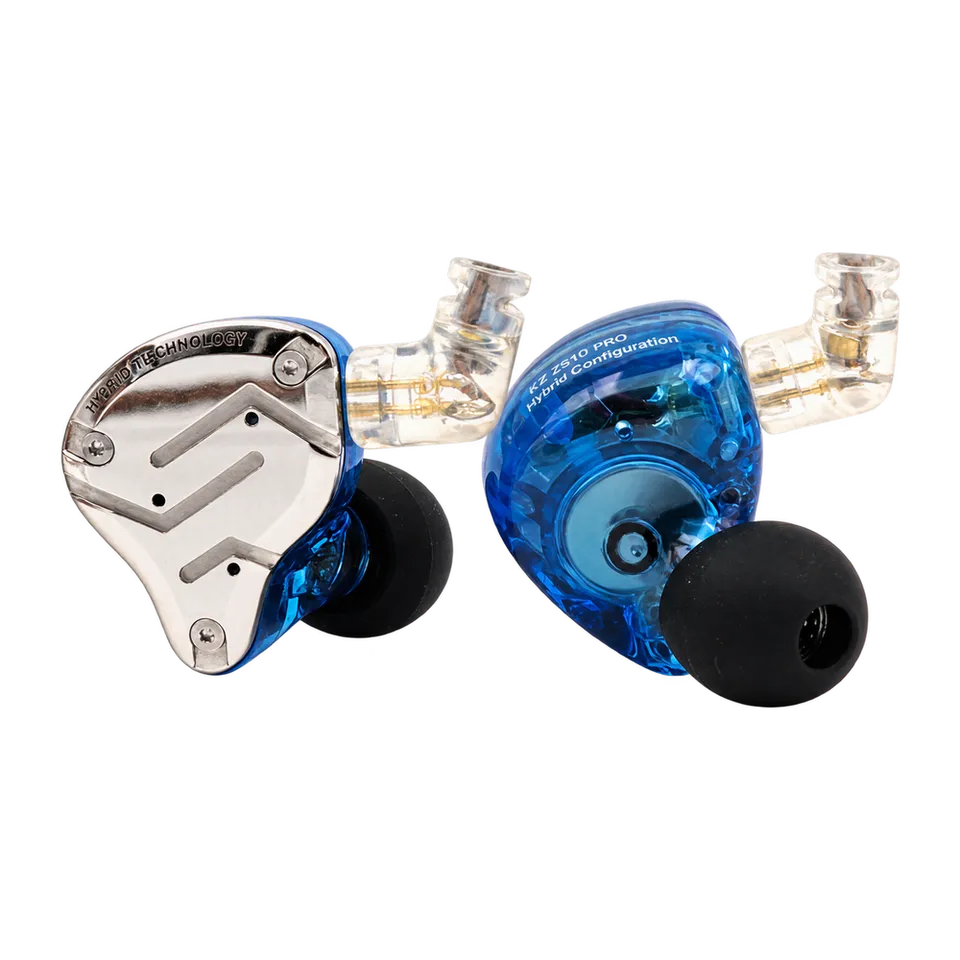 Blue KZ ZS10 Pro earpiece pair with silver faceplate, blue translucent housings, black tips and existing clear connector plugs, without cable leads.