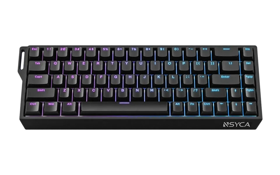 Black NSYCA WIN68 HE keyboard with purple and cyan lighting.
