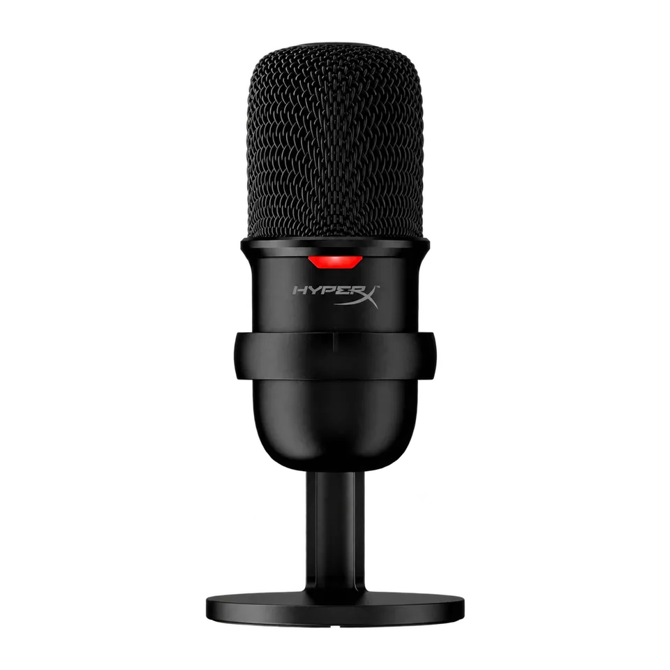 Black HyperX SoloCast microphone with red mute indicator and complete desktop stand, viewed from the front.
