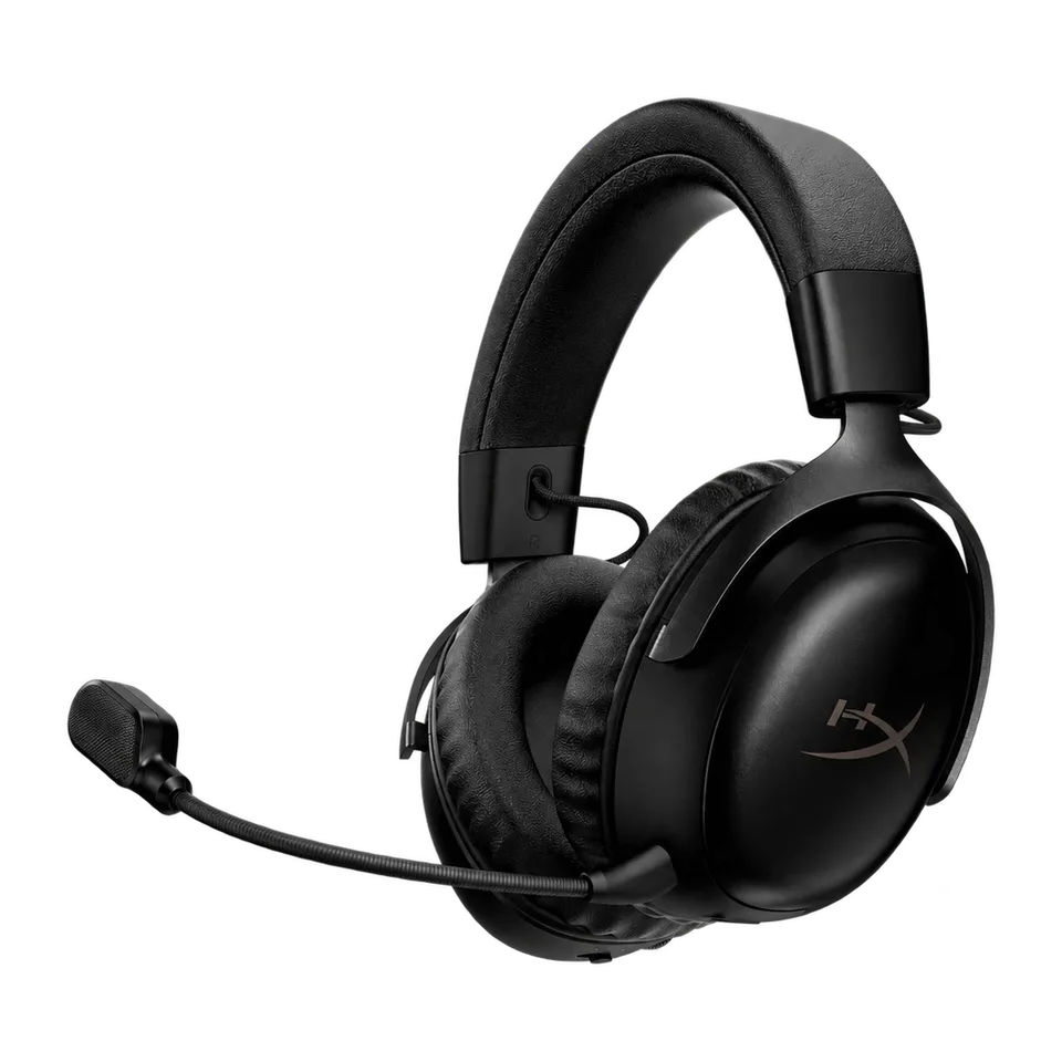 Black HyperX Cloud III S headset with complete attached boom microphone.