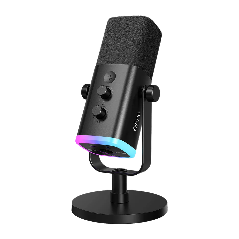 Black FIFINE AmpliGame AM8 microphone with foam windscreen, illuminated RGB ring and complete desktop stand.