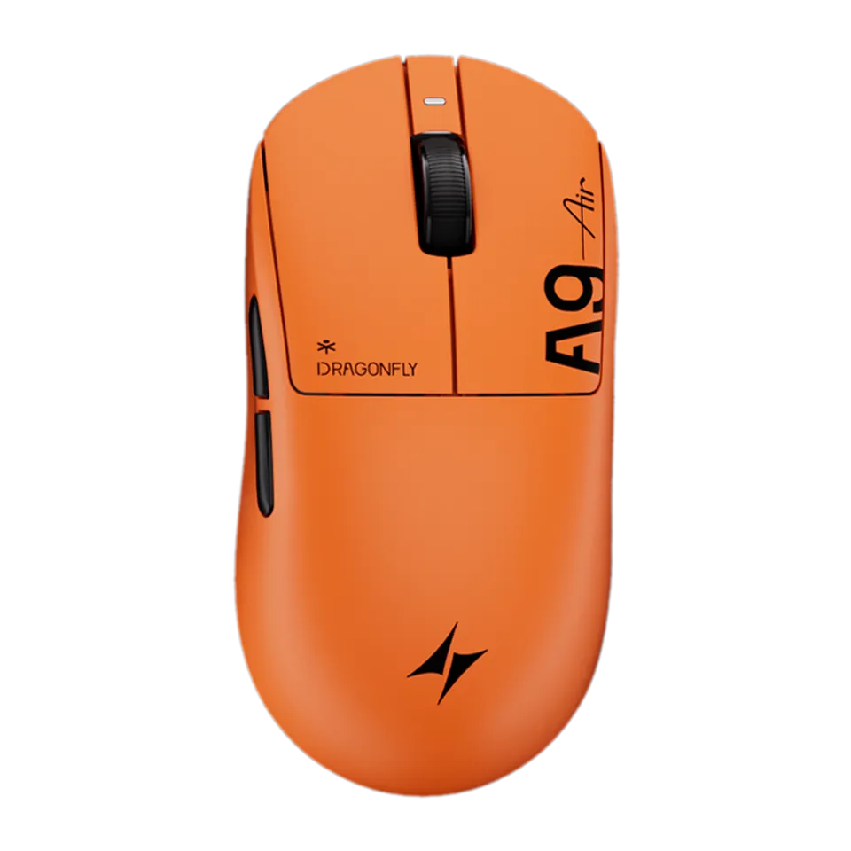 ATK Dragonfly A9 Sunset Orange gaming mouse, viewed from above.