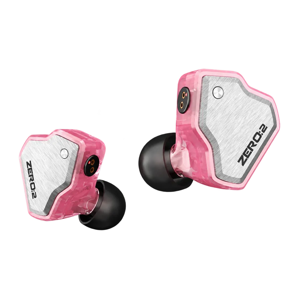 Pink 7Hz x Crinacle Zero:2 earpiece pair with silver faceplates and black ear tips.