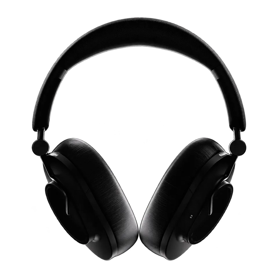 Black Moondrop EDGE2 headphones viewed from the front with both earcups, metal yokes and headband visible.