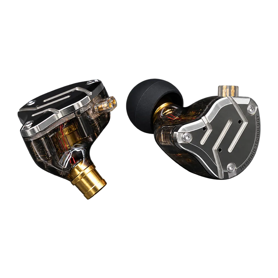 Black translucent KZ ZS10 Pro earpiece pair with silver faceplates and gold nozzles.