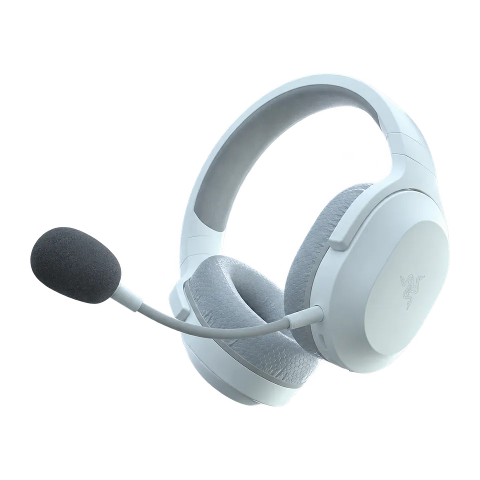 White Razer Barracuda X Mercury headset with complete attached boom microphone and foam windscreen.