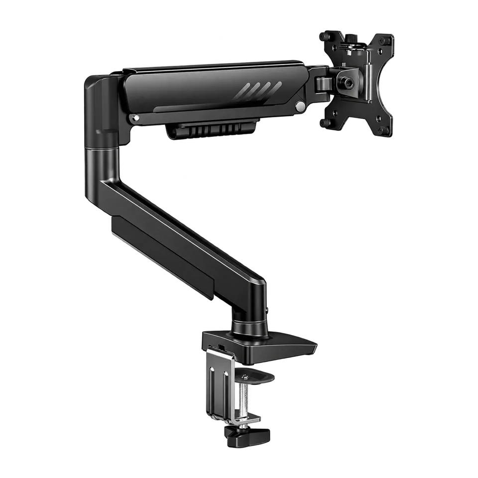Black ErGear EGDMA69B single monitor arm with complete C-clamp and four-ear VESA plate, shown without a monitor.
