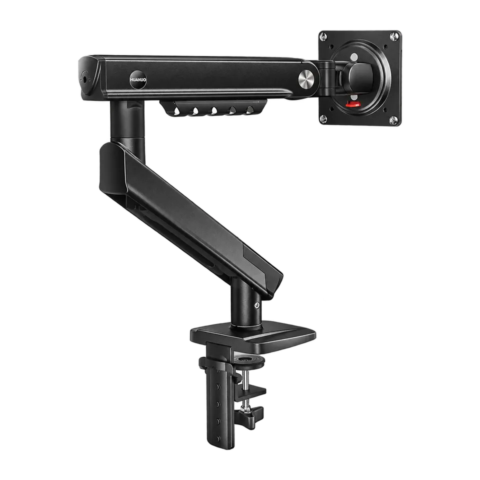 Black HUANUO FlowLift Pro single monitor arm with complete C-clamp and square VESA plate, shown without a monitor.